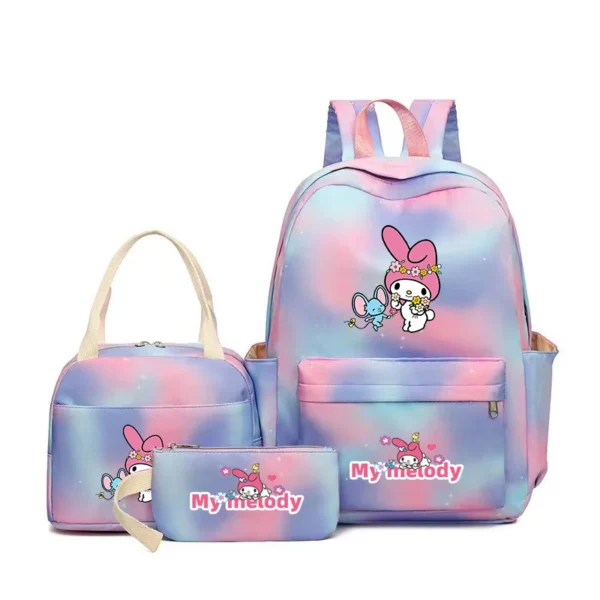 MINISO Kuromi and Cinnamoroll large capacity nylon backpack set with matching lunch bag and pencil case.