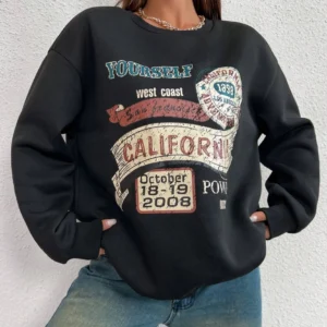 Women's loose fit fleece-lined hoodie sweatshirt with 'California Yourself' letter print on the front.