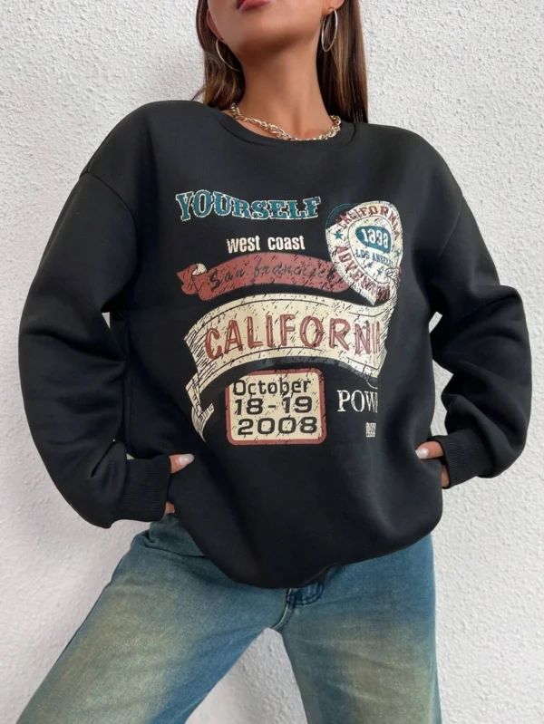 Women's loose fit fleece-lined hoodie sweatshirt with 'California Yourself' letter print on the front.