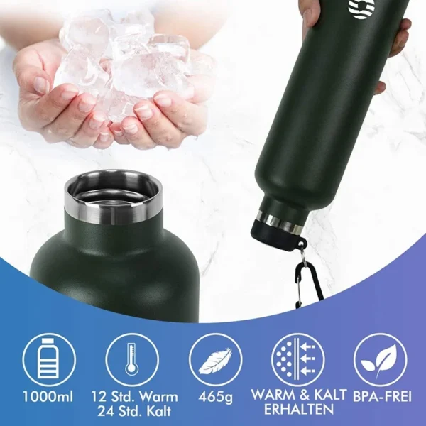 FEIJIAN 1L silver stainless steel vacuum insulated water bottle with leak-proof cap.