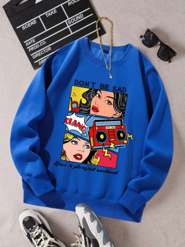 Women's casual warm fleece sweatshirt with a cartoon graphic print.