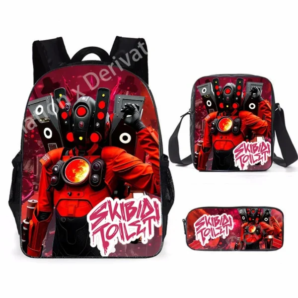 3-piece Skibidi Toilet backpack set for boys with Titan Drillman and Titan Speakerman graphics on durable polyester material.