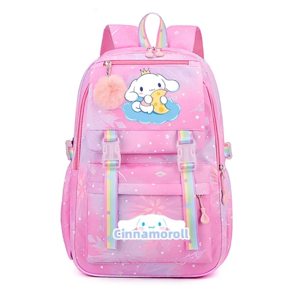 Front view of the MINISO Kuromi & Cinnamoroll backpack showing the cute character print on a large nylon bag.