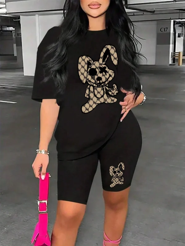 Women's cute rabbit cartoon print two-piece summer outfit.