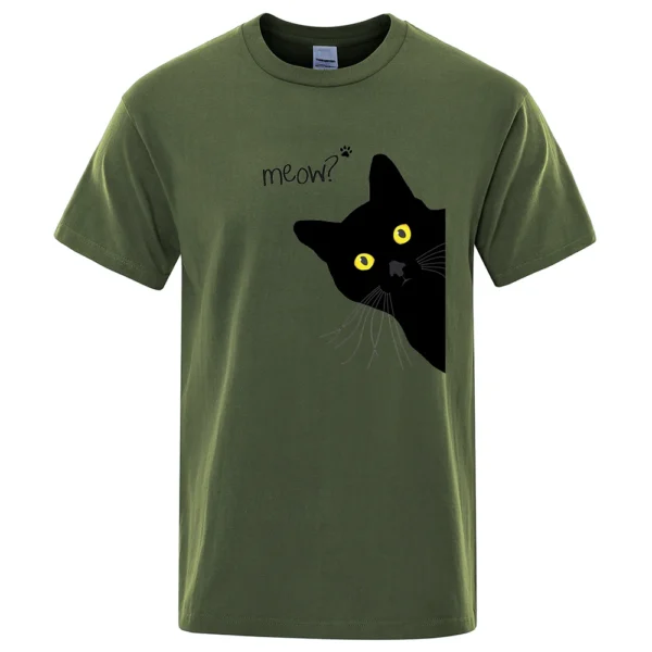 Men's oversized black cotton t-shirt with a funny cartoon black cat print and the word 'Meow'. Streetwear style.