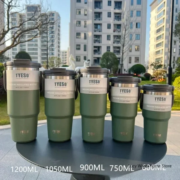Tyeso vacuum insulated stainless steel travel mug for hot and cold drinks.