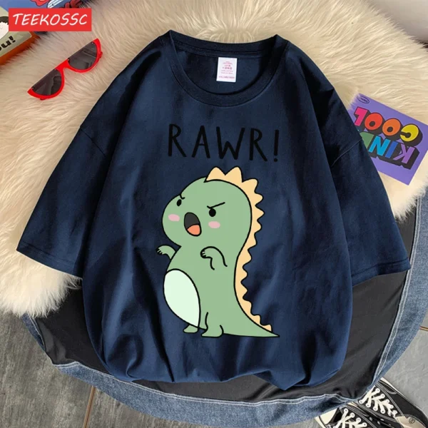 Women's regular fit short sleeve t-shirt with a fierce cartoon dinosaur print on the front.