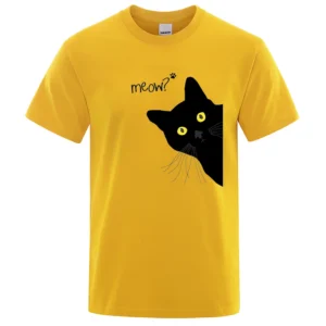 Men's oversized black cotton t-shirt with a funny cartoon black cat print and the word 'Meow'. Streetwear style.