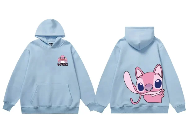 Disney hoodie featuring cute cartoon graphic of Stitch and Angel. Unisex pullover style with front pocket.