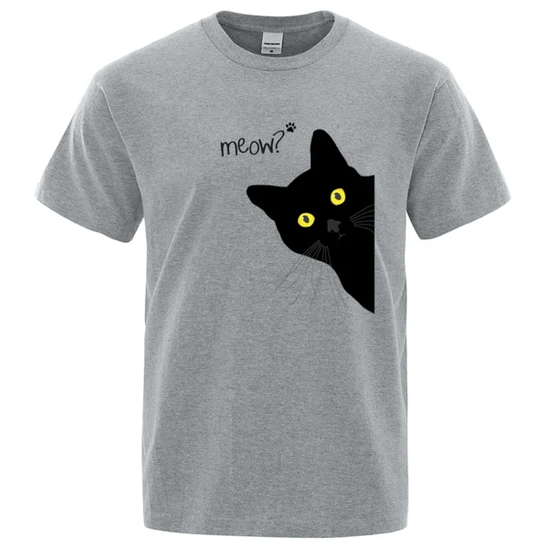 Men's oversized black cotton t-shirt with a funny cartoon black cat print and the word 'Meow'. Streetwear style.