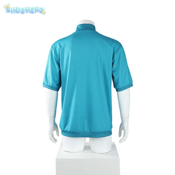 Steve Minecraft cosplay costume set featuring blue pixel-style t-shirt and matching pants displayed on mannequin or model.