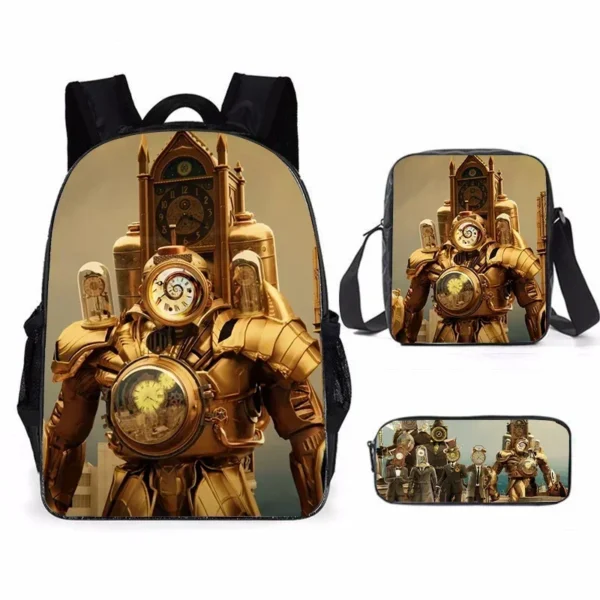 3-piece Skibidi Toilet backpack set for boys with Titan Drillman and Titan Speakerman graphics on durable polyester material.