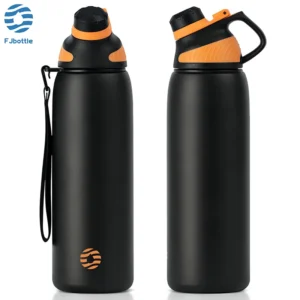 FEIJIAN 1L stainless steel insulated water bottle showing the magnetic lid attached to the side.