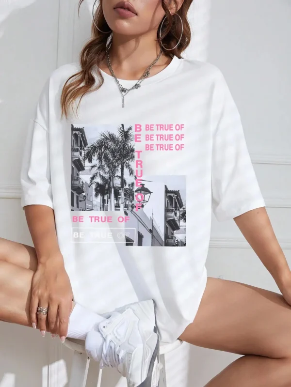 Women's cotton crew neck t-shirt featuring a graphic and letter print. Casual summer style