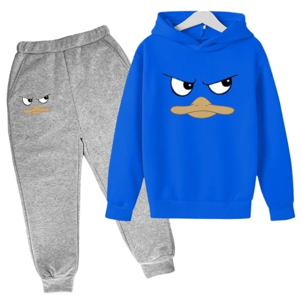 Kids unisex duck face print hoodie and pants tracksuit set for spring autumn wear ages 2-13.