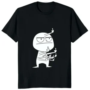 Man wearing black t-shirt with white graphic print of a middle finger. Casual streetwear style for men.