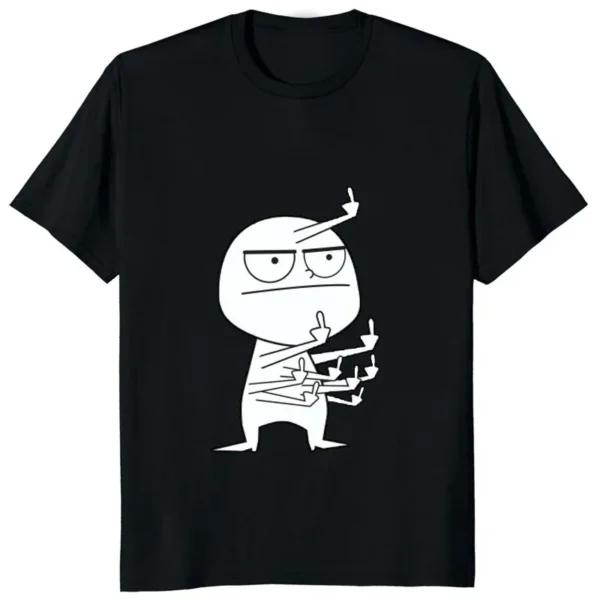 Man wearing black t-shirt with white graphic print of a middle finger. Casual streetwear style for men.