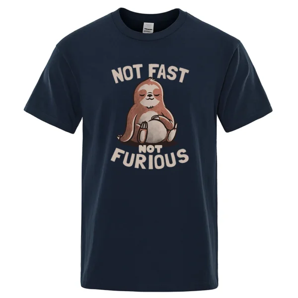 Oversized white cotton t-shirt for men featuring a funny kawaii sloth print and the text "Not Fast Not Furious". ```
