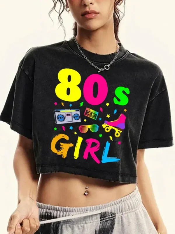 Women's 80s inspired colorful print cropped t-shirt