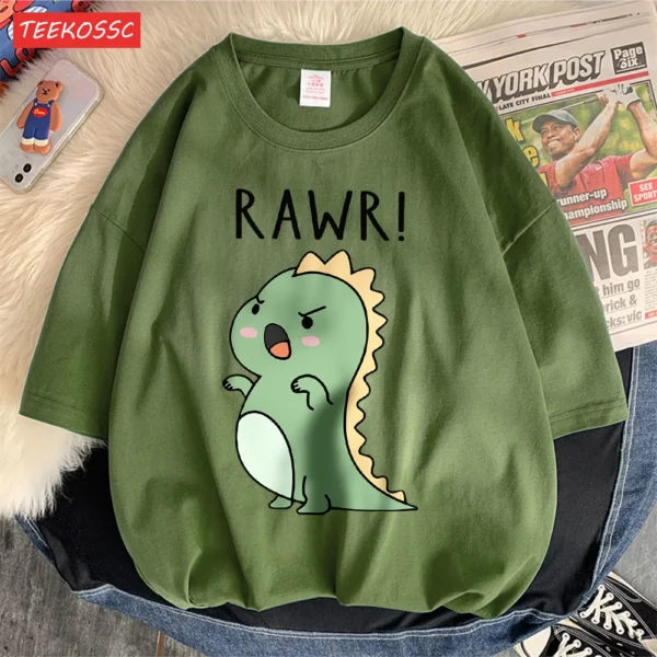 Women's regular fit short sleeve t-shirt with a fierce cartoon dinosaur print on the front.