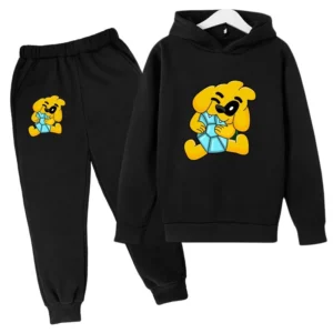 Kids tracksuit set with cute dog print on grey pullover hoodie and matching pants for boys and girls (ages 2-13).