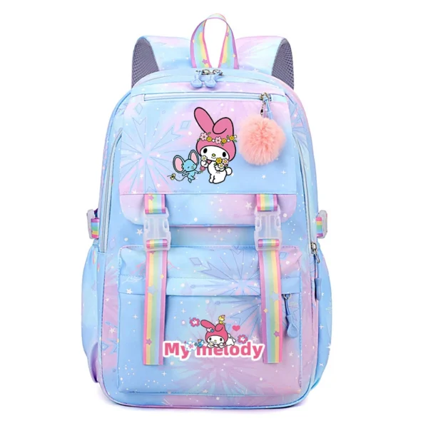 Front view of the MINISO Kuromi & Cinnamoroll backpack showing the cute character print on a large nylon bag.