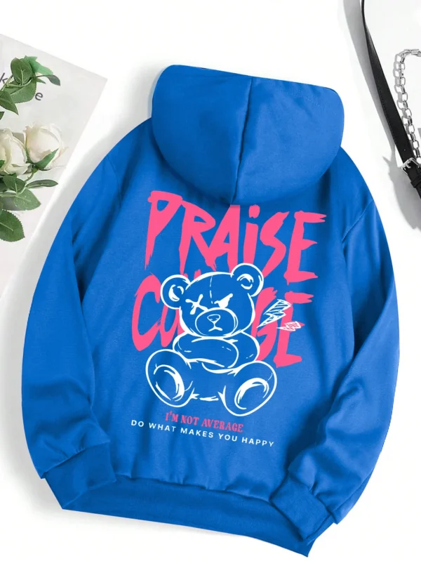 Woman wearing cute bear print fleece-lined hoodie warm autumn streetwear sweatshirt.