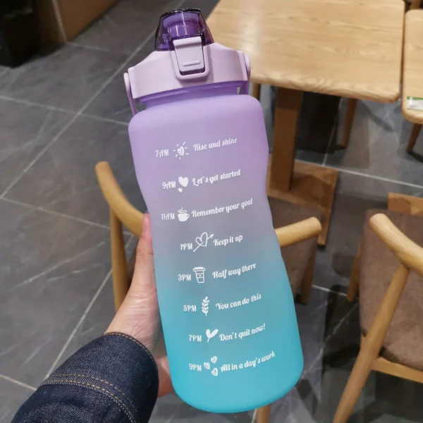 2L motivational plastic water bottle with time markers and leakproof lid for tracking daily hydration.