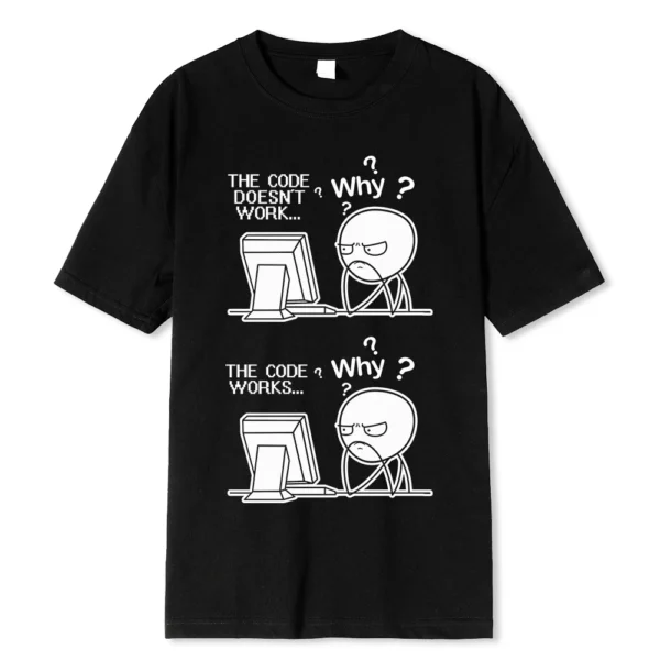 Funny "Code Works Why?" programmer t-shirt.