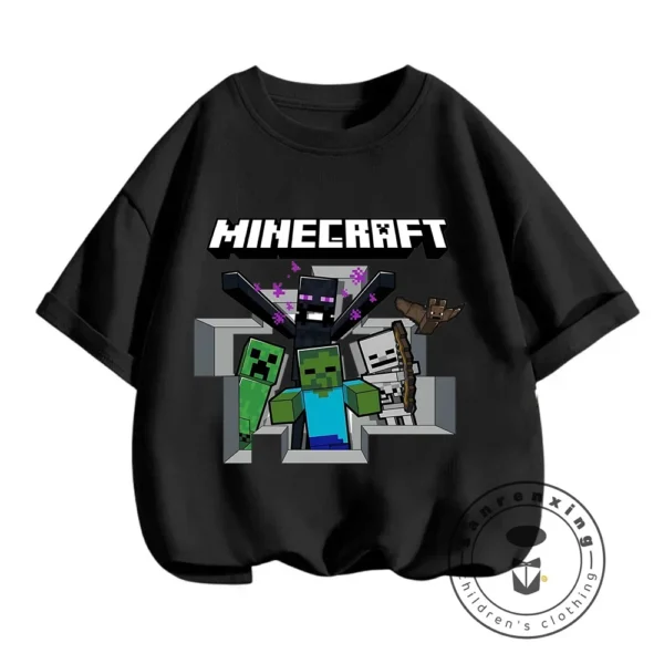 Young boy wearing a blue short-sleeve t-shirt with a large colourful graphic of the Minecraft character CatNap on the front.