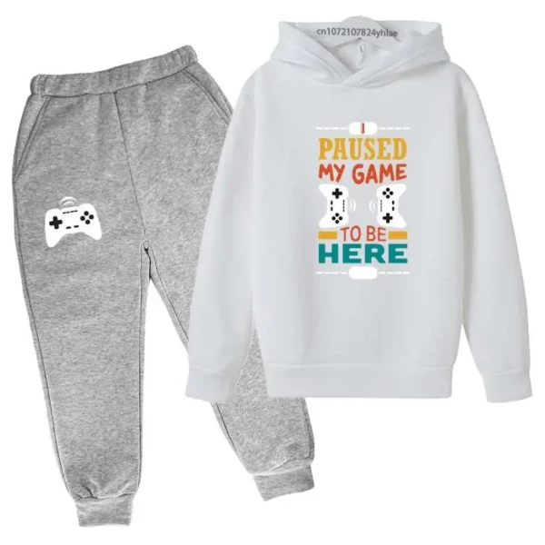 Kids gamer tracksuit set with 'I Paused My Game To Be Here' slogan on hooded sweatshirt and matching pants for boys or girls.