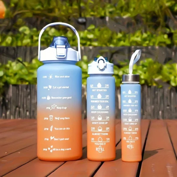 2L motivational plastic water bottle with time markers and leakproof lid for tracking daily hydration.