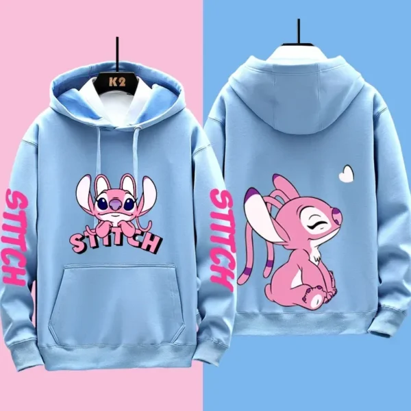 Couple wearing matching grey Disney Stitch pullover hoodies sweatshirt set - official licensed apparel.