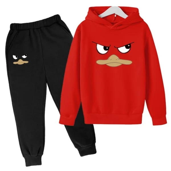 Kids unisex duck face print hoodie and pants tracksuit set for spring autumn wear ages 2-13.