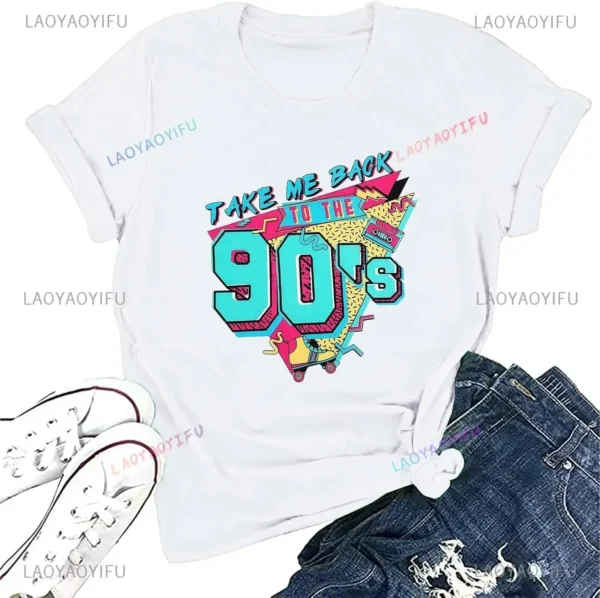 Woman wearing a white 'I Love The 90s / Take Me Back To The 90s' retro graphic tee against a plain background.