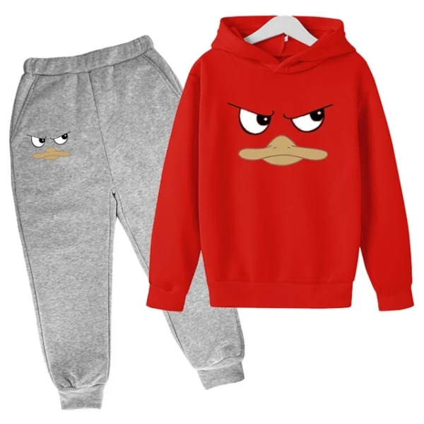 Kids unisex duck face print hoodie and pants tracksuit set for spring autumn wear ages 2-13.