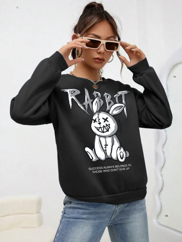 Grey fleece hoodie for women featuring a quirky white laughing rabbit print on the front