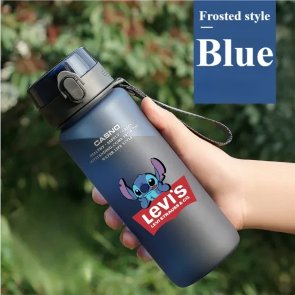 Large 1000ML clear plastic water bottle with blue Stitch and pink Angel Lilo & Stitch cartoon characters design. Portable drink cup.
