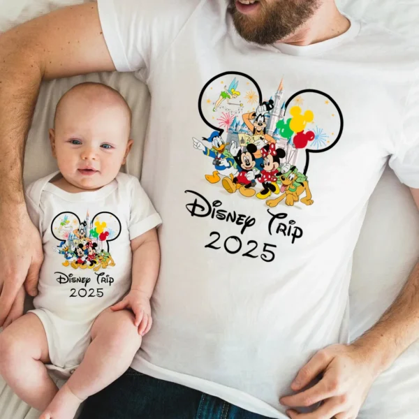 Family in matching funny Mickey and Minnie shirts designed for a 2025 Disney vacation.