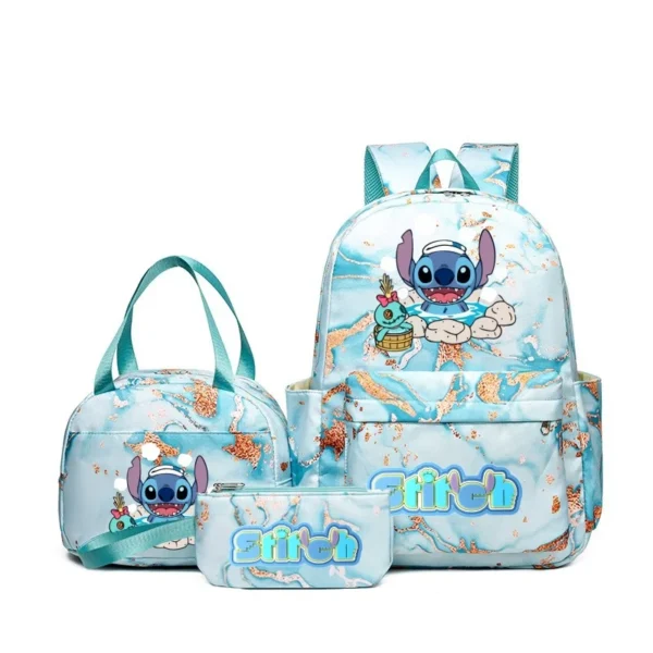 Stitch print 3-piece backpack set with matching tote bag and pencil pouch displayed together against a neutral background.
