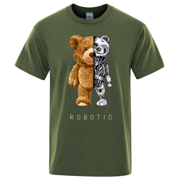 Men's oversized cotton t-shirt displaying a funny graphic of a robot teddy bear