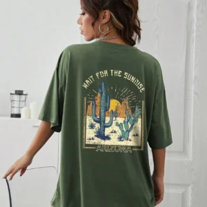 Front view of the women's soft cotton "Wait For The Sunrise" graphic tee in a relaxed fit.