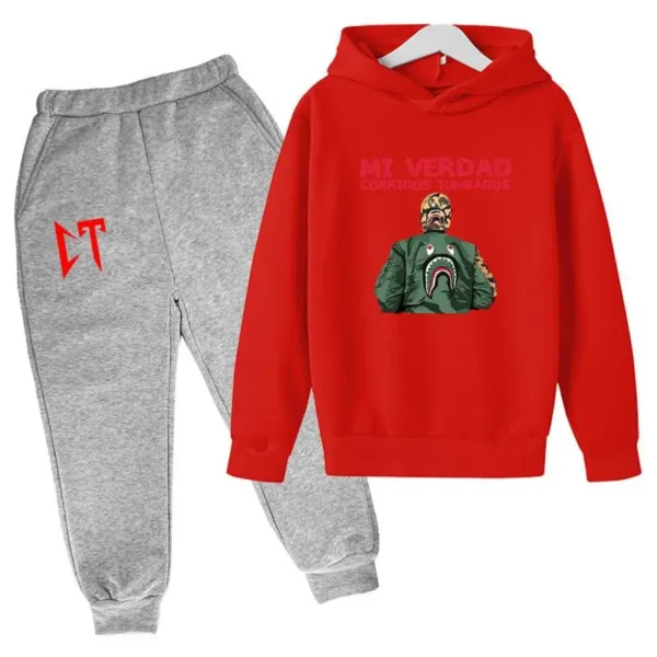Kids unisex Corridos Tumbados print tracksuit set with pullover hoodie and pants - front view.
