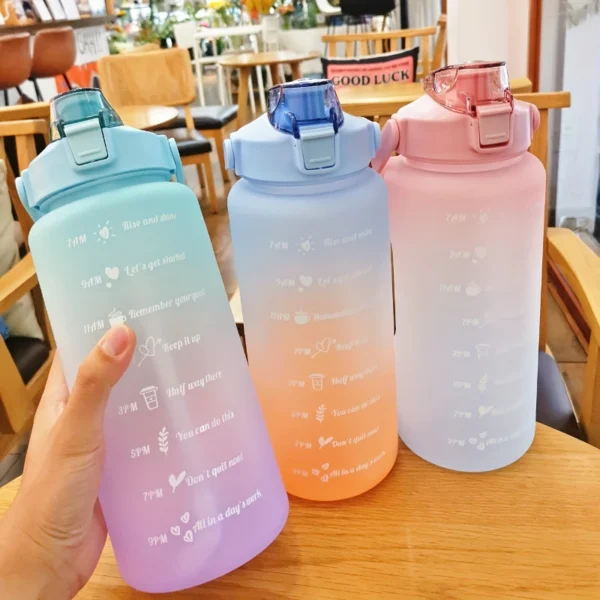 2L motivational plastic water bottle with time markers and leakproof lid for tracking daily hydration.
