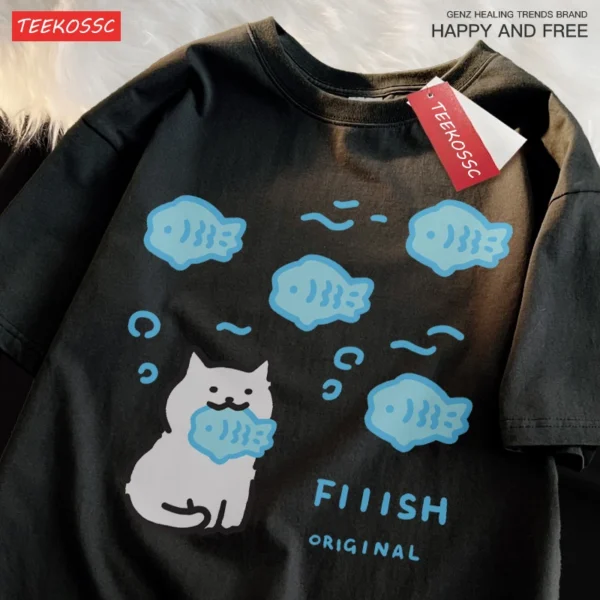 Cute cat eating fish graphic t-shirt