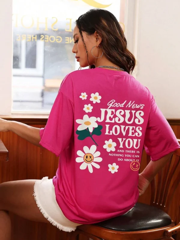 Woman wearing comfortable O-neck "Jesus Loves You" Christian graphic t-shirt for summer against a plain background.
