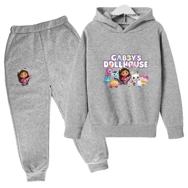 Gabby's Dollhouse kids tracksuit with colourful cartoon print hoodie and matching jogger pants for boys and girls ages 3-13.