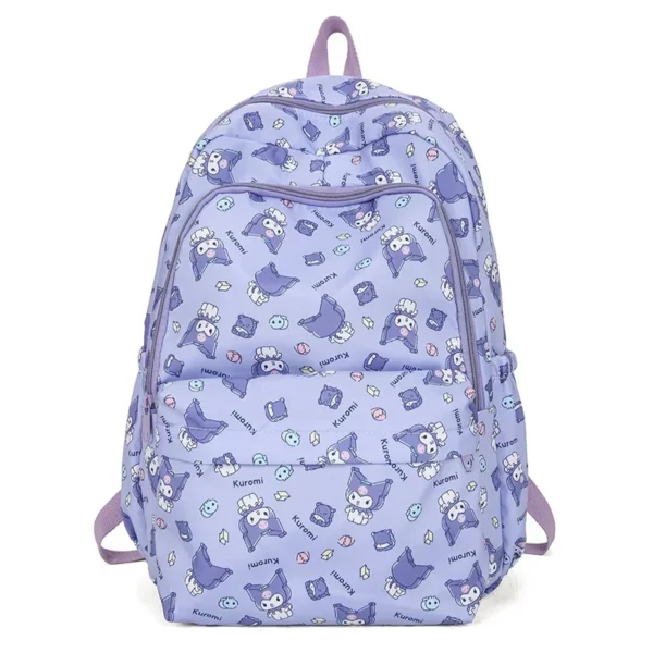 MINISO Sanrio kids school backpack featuring a cute pink and purple Kuromi and Cinnamoroll cartoon print design.