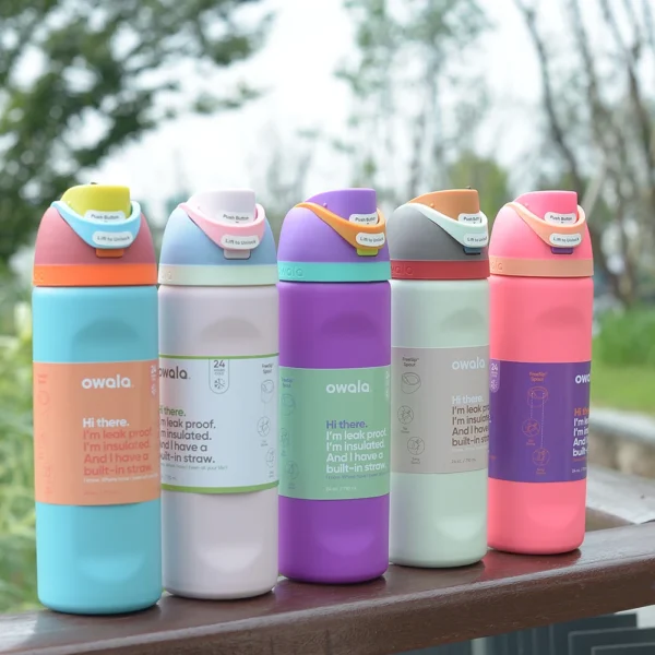 Owala Free Sip insulated stainless steel water bottle in multiple colors and sizes.