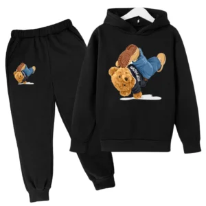 Child wearing fun cartoon bear print hooded tracksuit set with matching pants